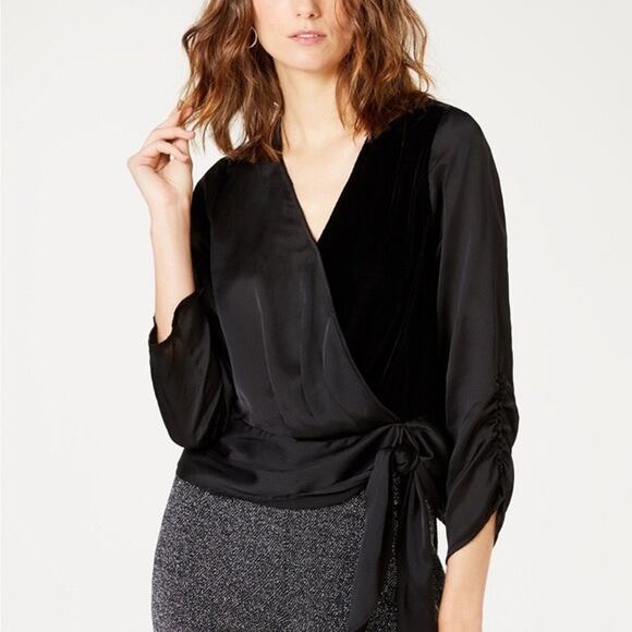 INC Womens XL Black Mixed Media Velvet Faux Wrap Top Side Tie Corporate Goth - Picture 1 of 10